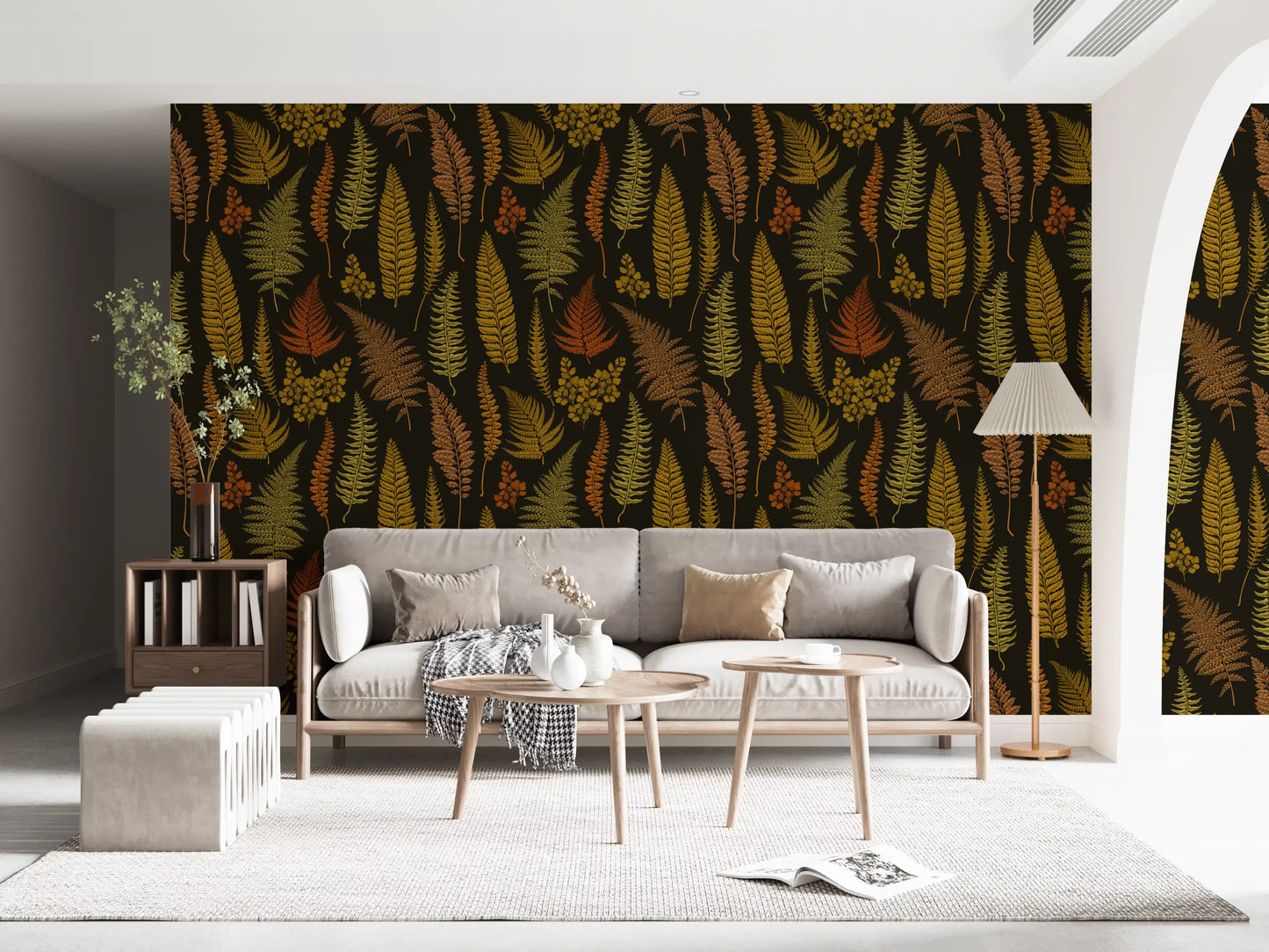 Under lamplight, gold and rust tones lift through the Ferns Wallpaper palette.