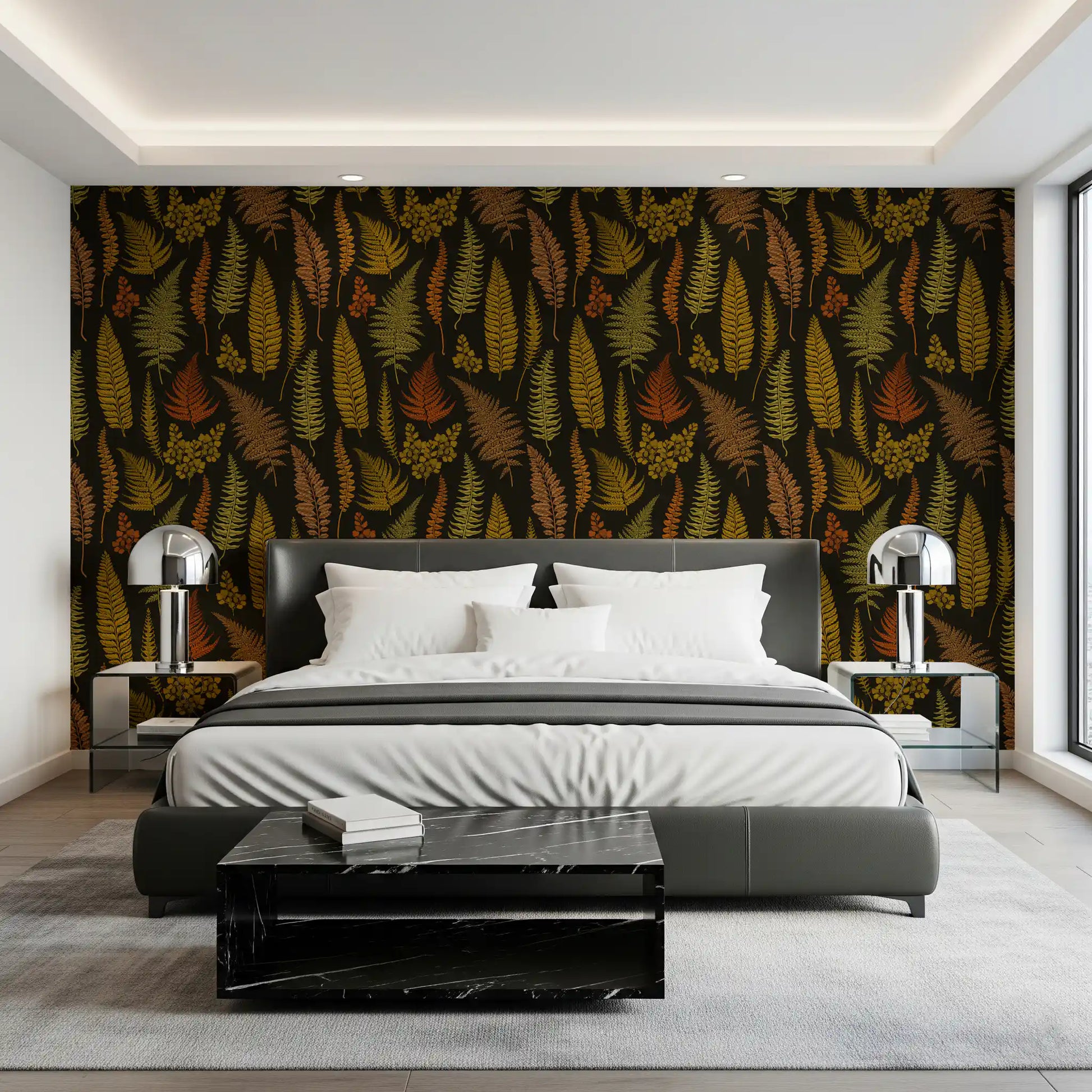 Rust scatter wraps a Bedroom  area, with the wallpaper showing deep tones.