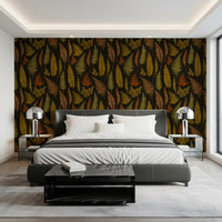Rust scatter wraps a Bedroom  area, with the wallpaper showing deep tones.