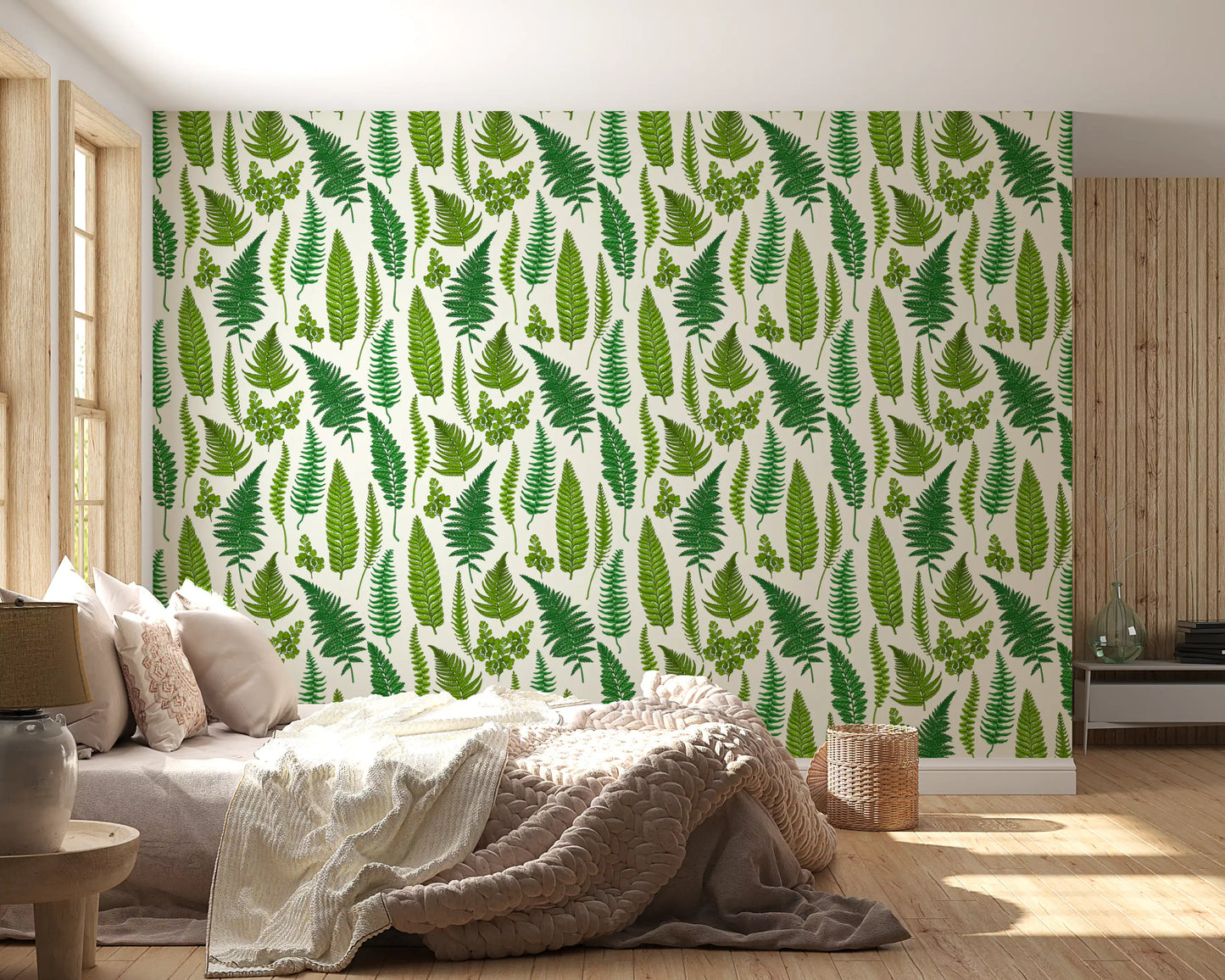 Fronds in mid green and deeper forest tones spread across the natural white wallpaper.