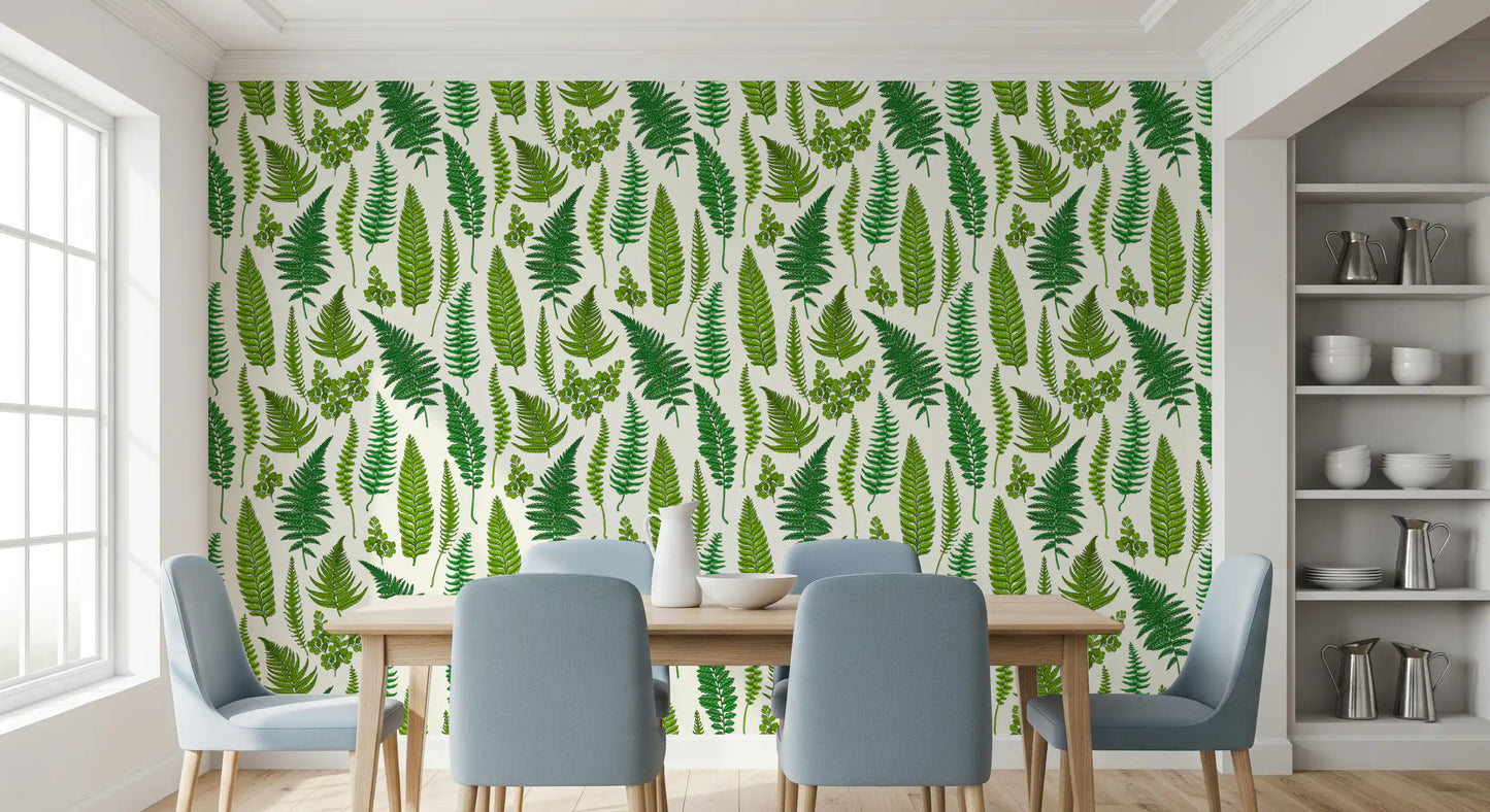 Dining area sits before the fern wallpaper with greens on a white ground.