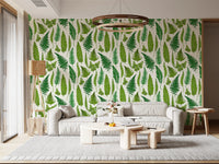 the hallway view, greens of the fern wallpaper sit on a natural white surround.