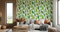 Botanical fronds through a Living room space with this fern wallpaper