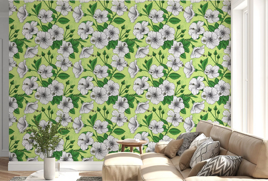 Fine sketch lines and white heads the Living room in this Aloha wallpaper