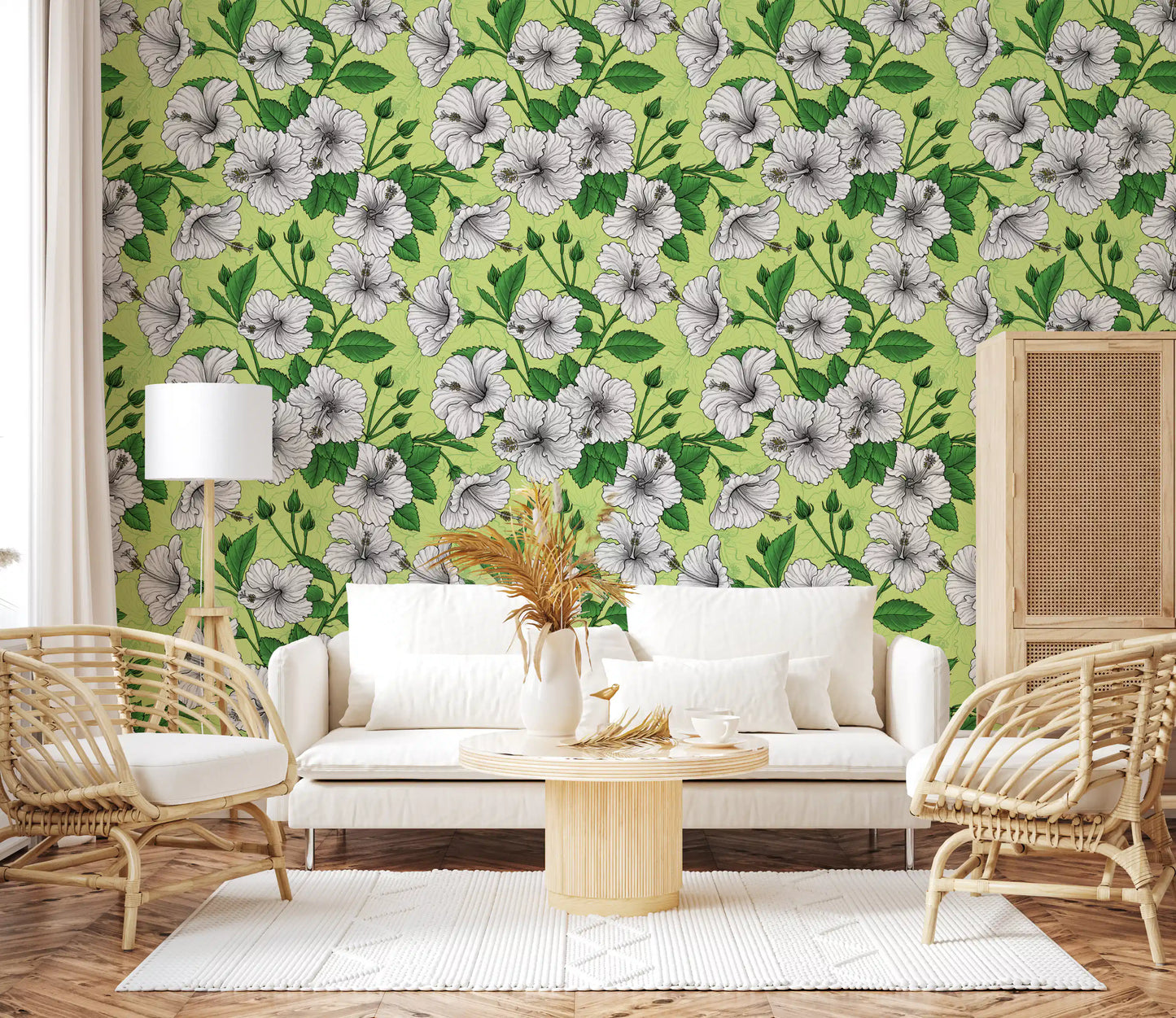 Vintage Hibiscus Botanical Floral Pattern - Tropical Hawaiian Aloha Summer Garden Print Wallpaper⁠