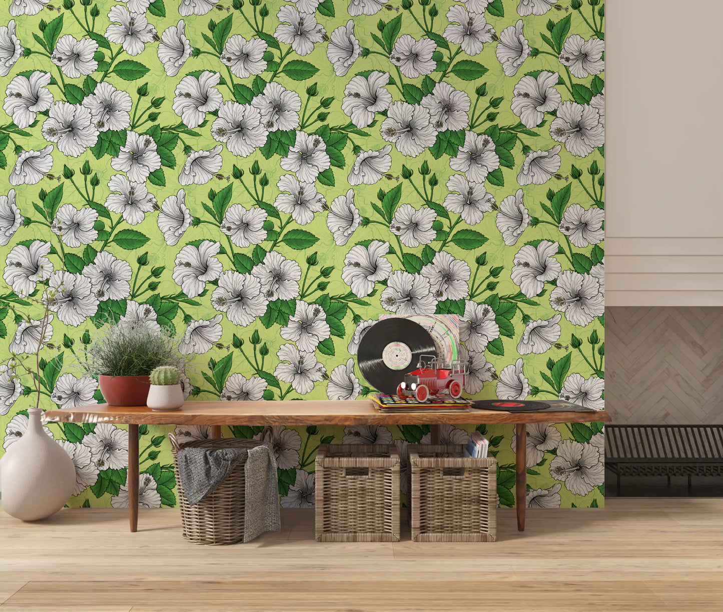 Vintage Hibiscus Botanical Floral Pattern - Tropical Hawaiian Aloha Summer Garden Print Wallpaper⁠