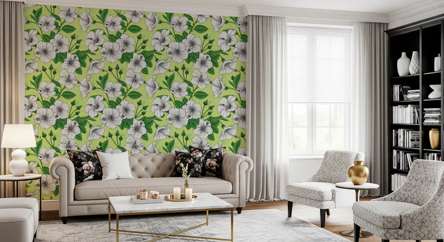Vintage Hibiscus Botanical Floral Pattern - Tropical Hawaiian Aloha Summer Garden Print Wallpaper⁠