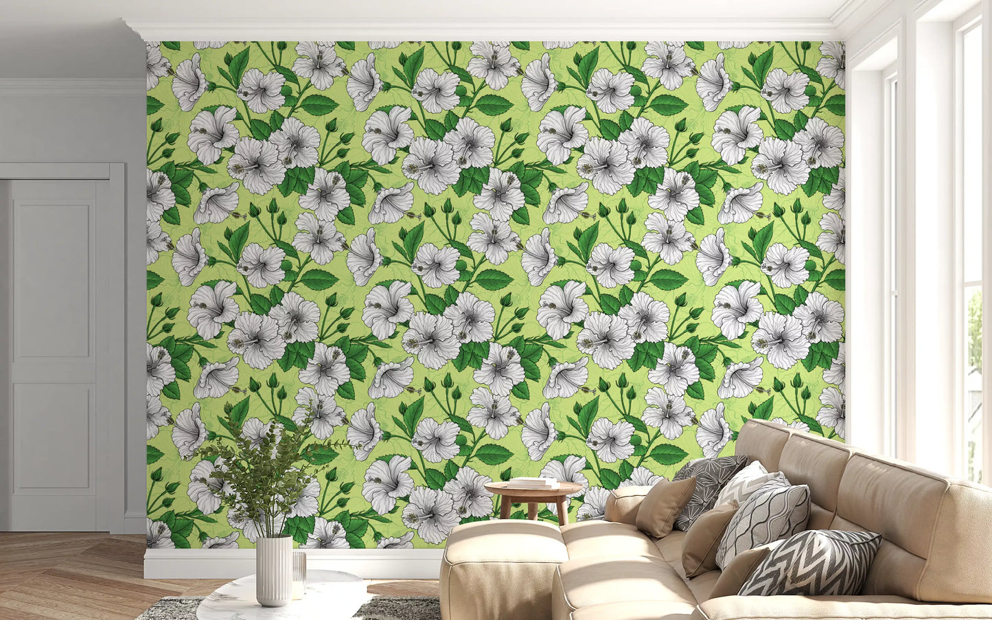 Vintage Hibiscus Botanical Floral Pattern Tropical Hawaiian Aloha Summer Garden Print Wallpaper⁠