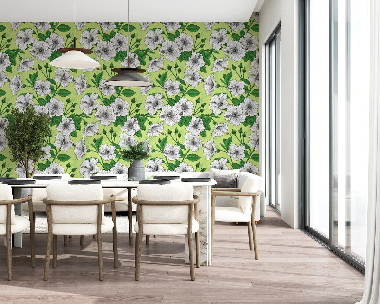 Vintage Hibiscus Botanical Floral Pattern Tropical Hawaiian Aloha Summer Garden Print Wallpaper⁠