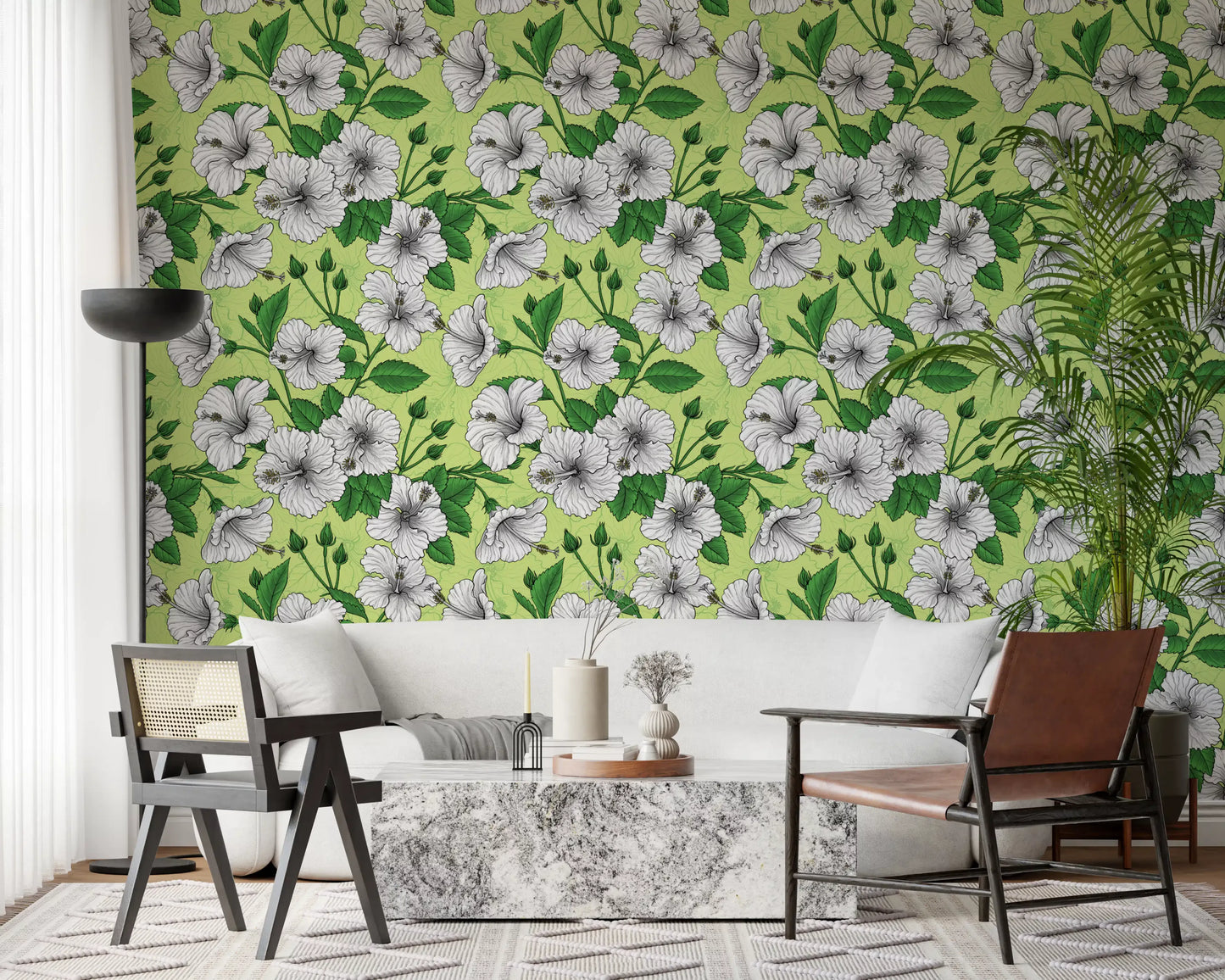 Vintage Hibiscus Botanical Floral Pattern Tropical Hawaiian Aloha Summer Garden Print Wallpaper⁠