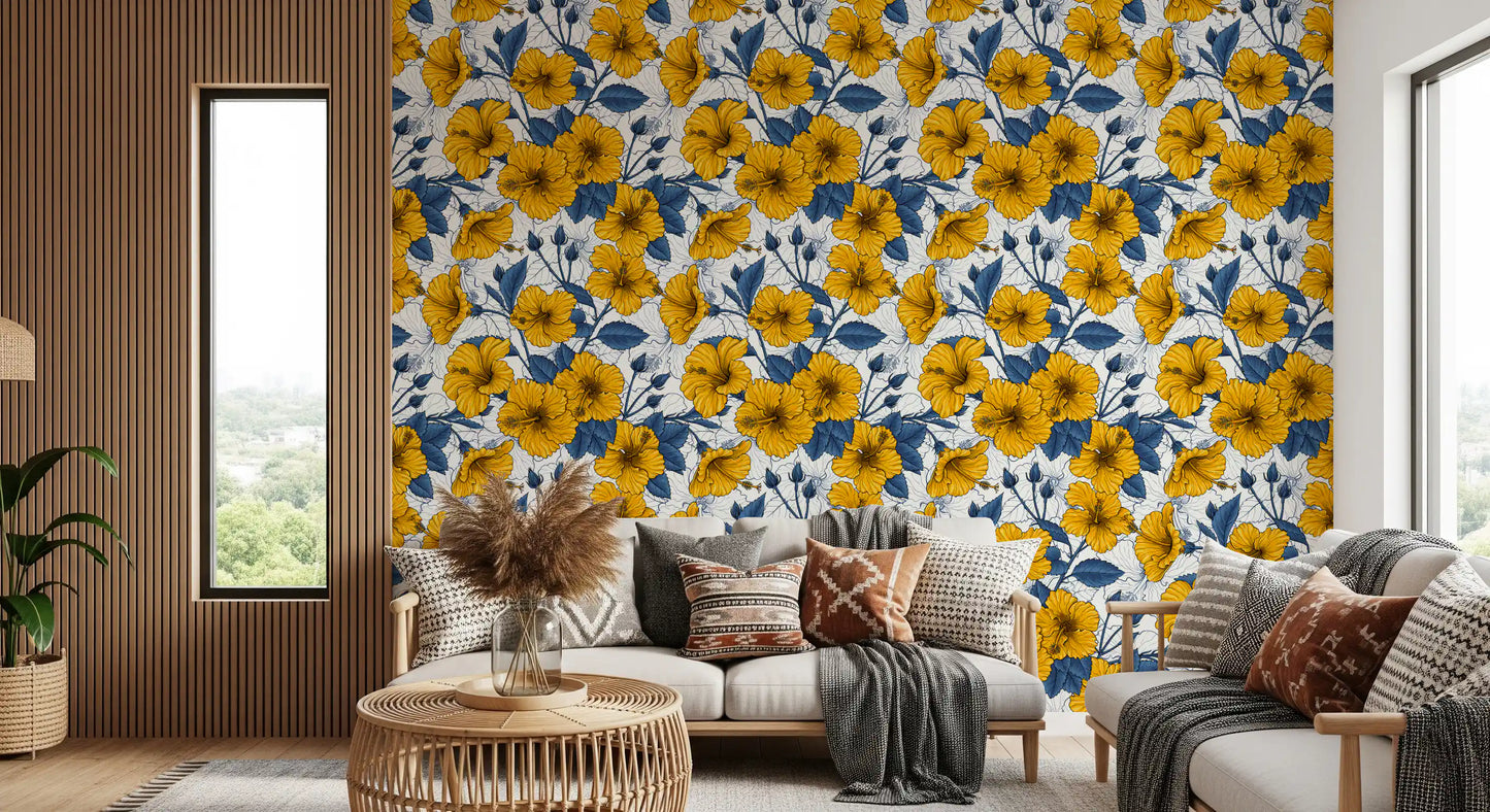 Vintage Hibiscus Botanical Floral Pattern .Tropical Hawaiian Aloha Summer Garden Print Wallpaper⁠