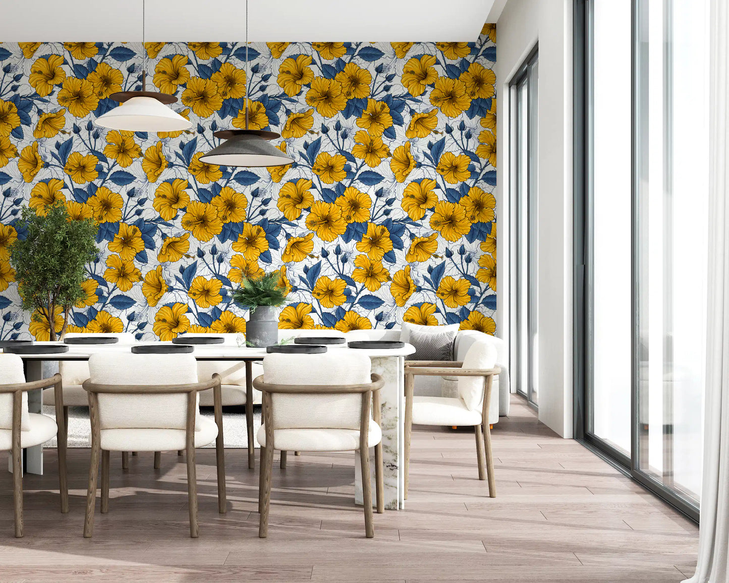 Vintage Hibiscus Botanical Floral Pattern .Tropical Hawaiian Aloha Summer Garden Print Wallpaper⁠
