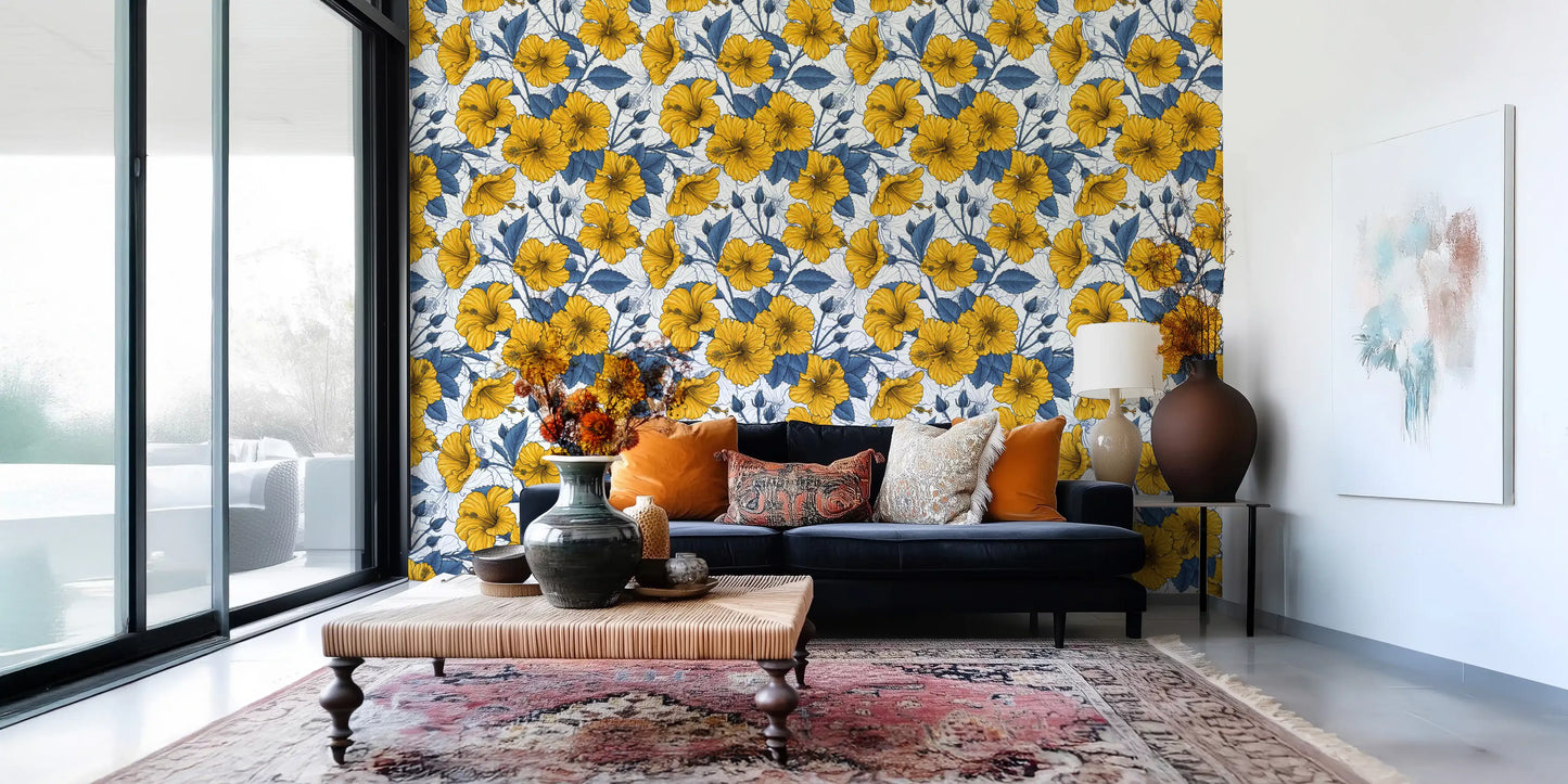 Vintage Hibiscus Botanical Floral Pattern .Tropical Hawaiian Aloha Summer Garden Print Wallpaper⁠