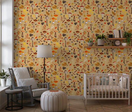 Wild Mushrooms on Ochre wallpaper warms a Nursery  with autumn tones