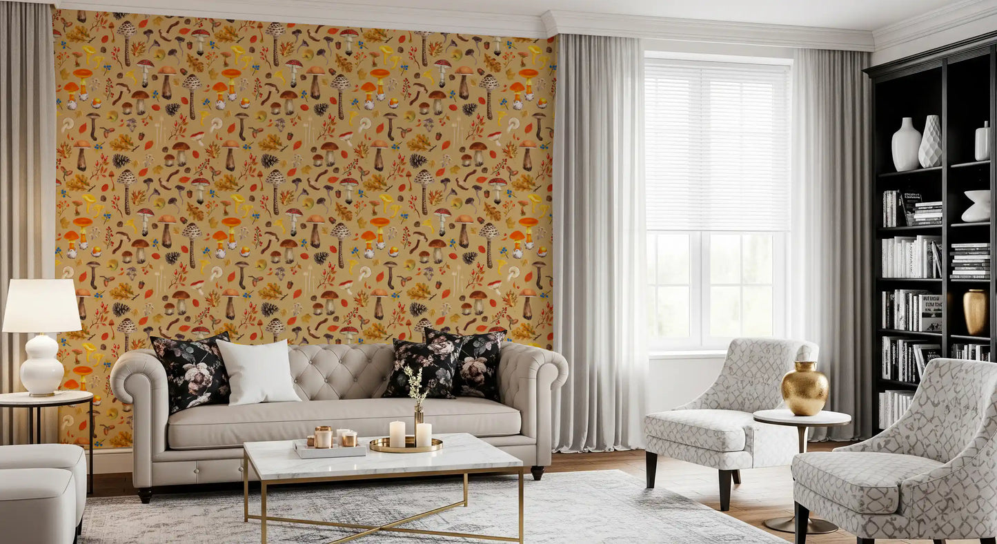 Wild mushrooms on ochre Wallpaper⁠