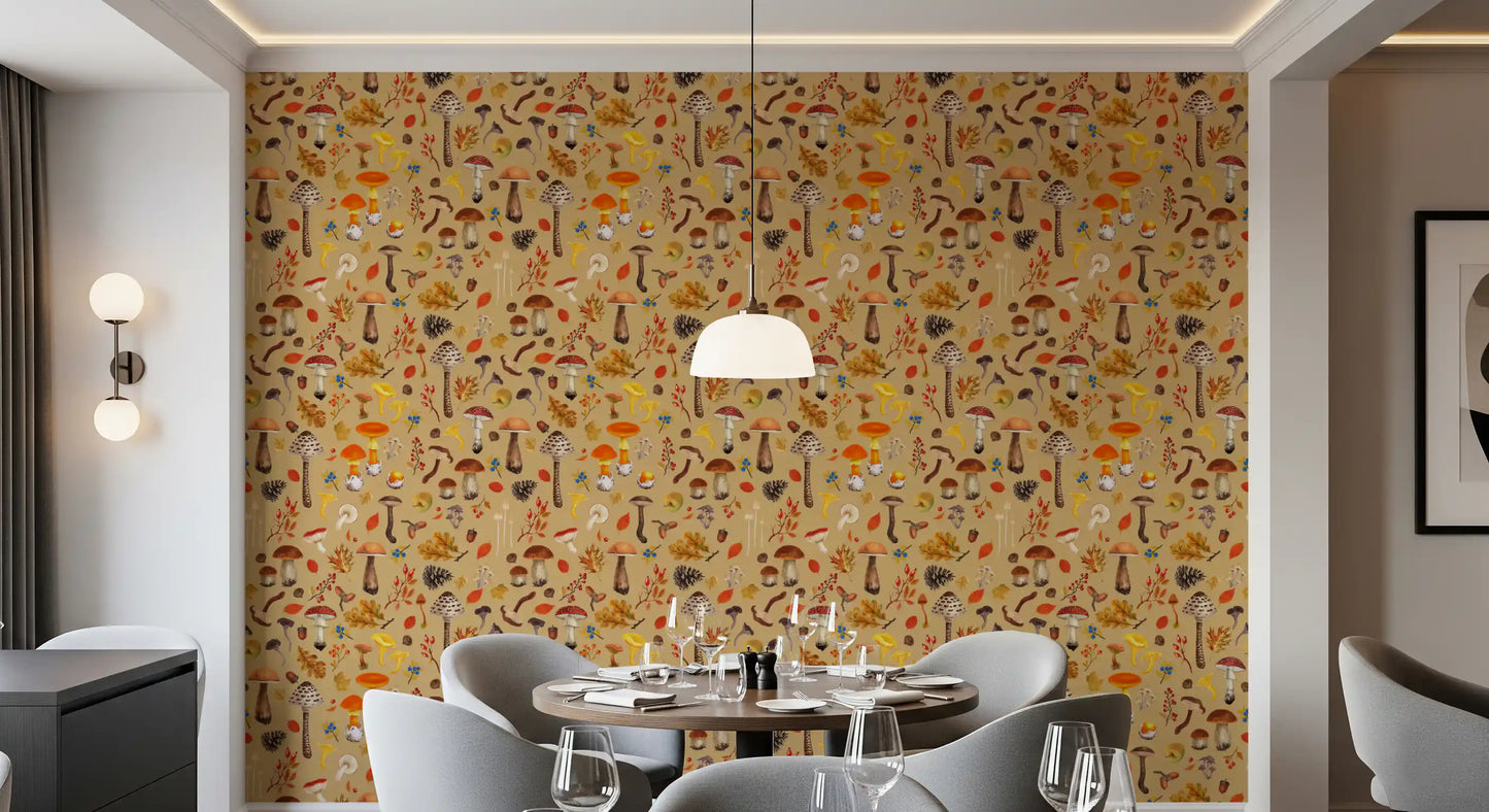 Wild mushrooms on ochre Wallpaper⁠