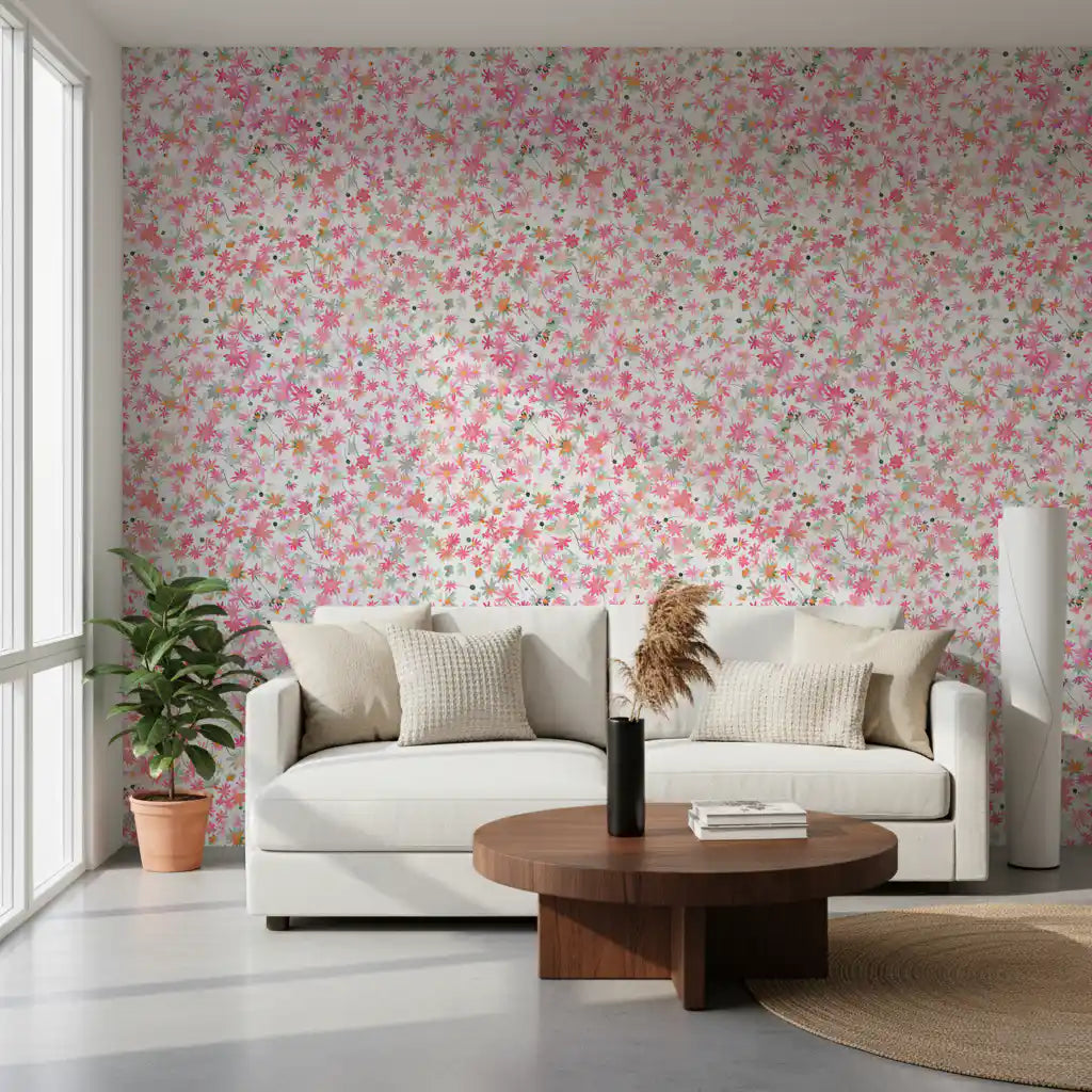 Gentle pink and coral blooms drift across the lounge wallpaper, free and loose