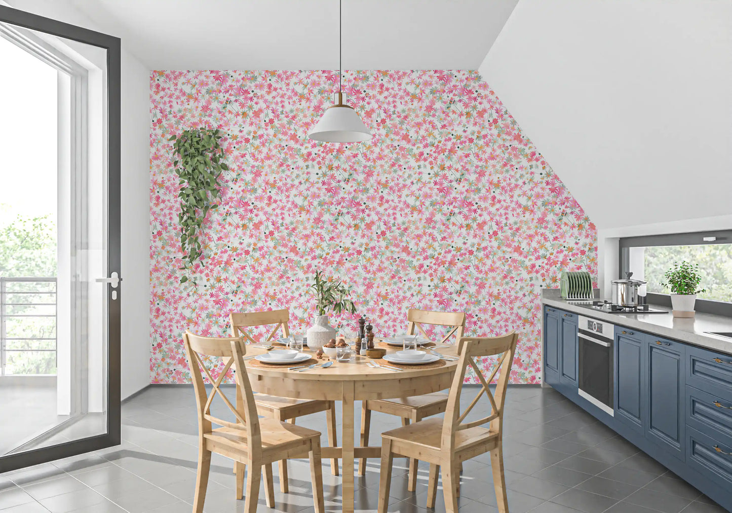 Pure white sits behind pink, coral and peach blooms on the wallpaper
