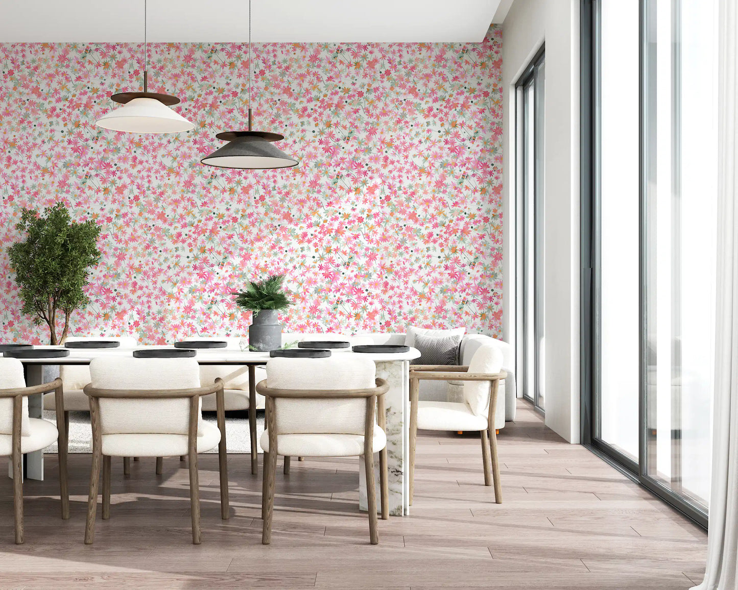 Daisy Dance wallpaper dresses the dining room in pink, coral and peach