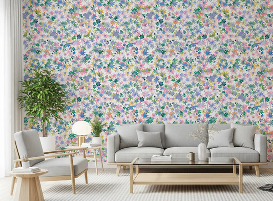 Watercolour daisies fill the Dreamy Blooms wallpaper in a living room setting