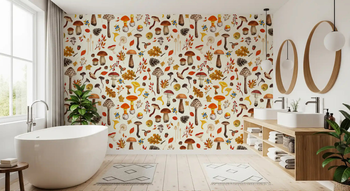 Wild mushrooms on off white Wallpaper⁠