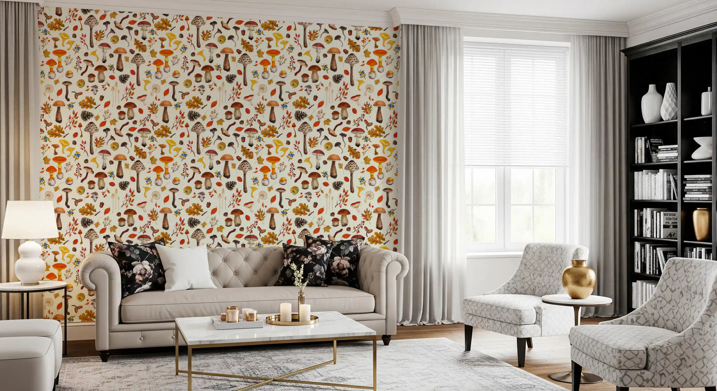 Wild mushrooms on off white Wallpaper⁠