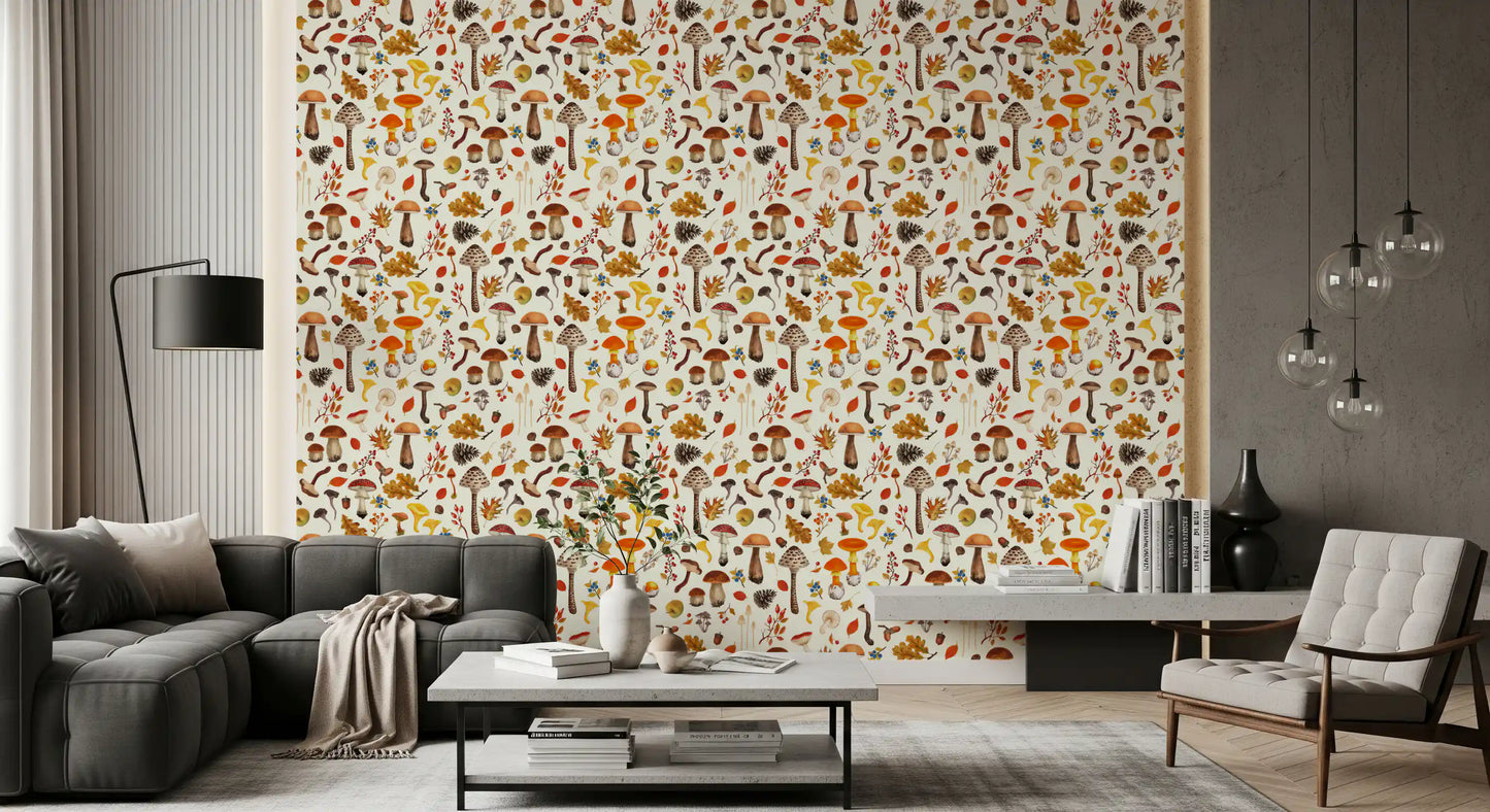 Wild mushrooms on off white Wallpaper⁠