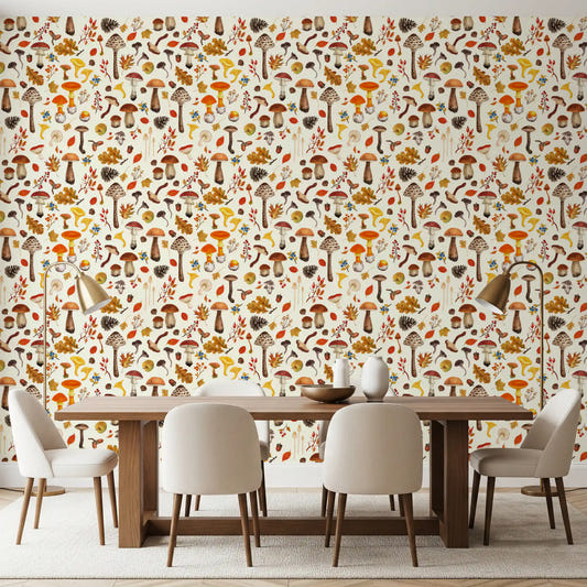 Toadstools and oak leaves drift around mushroom wallpaper in a dining room.