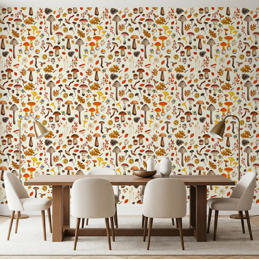 Toadstools and oak leaves drift around mushroom wallpaper in a dining room.