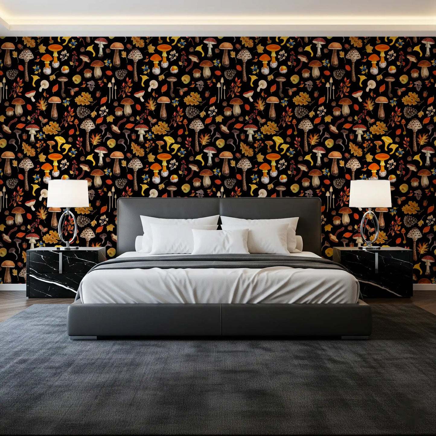 Wild mushrooms on black Wallpaper⁠