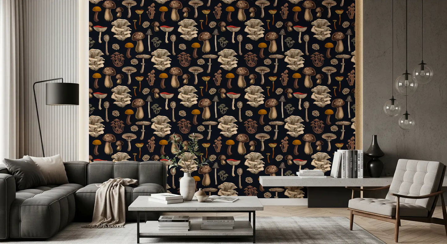 Wild Mushrooms  on graphite black Wallpaper⁠