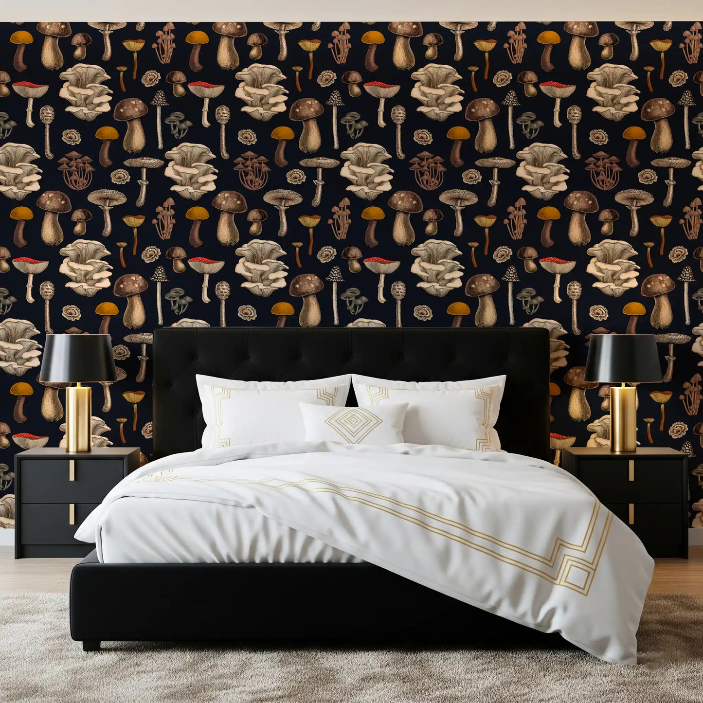 Wild Mushrooms  on graphite black Wallpaper⁠
