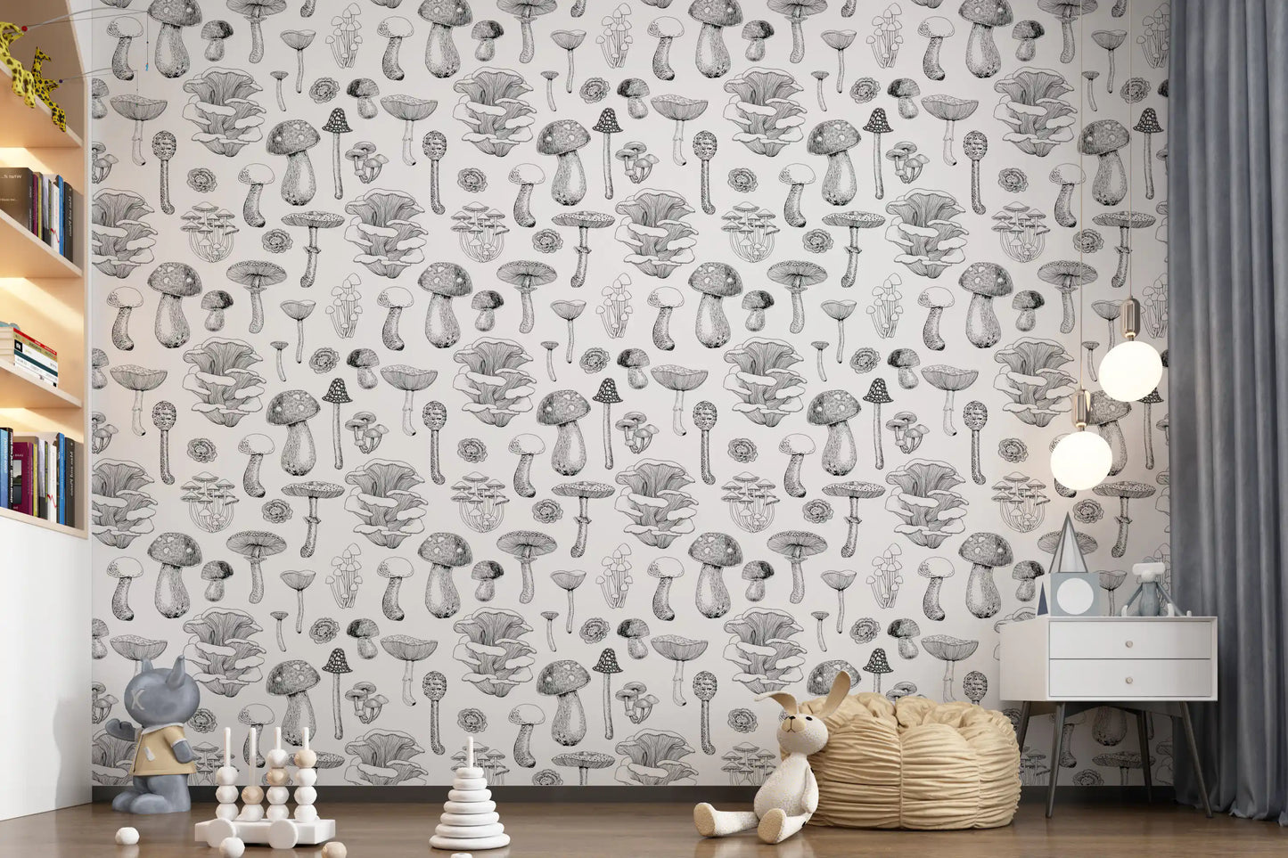 Wild Mushrooms  in black and white Wallpaper⁠