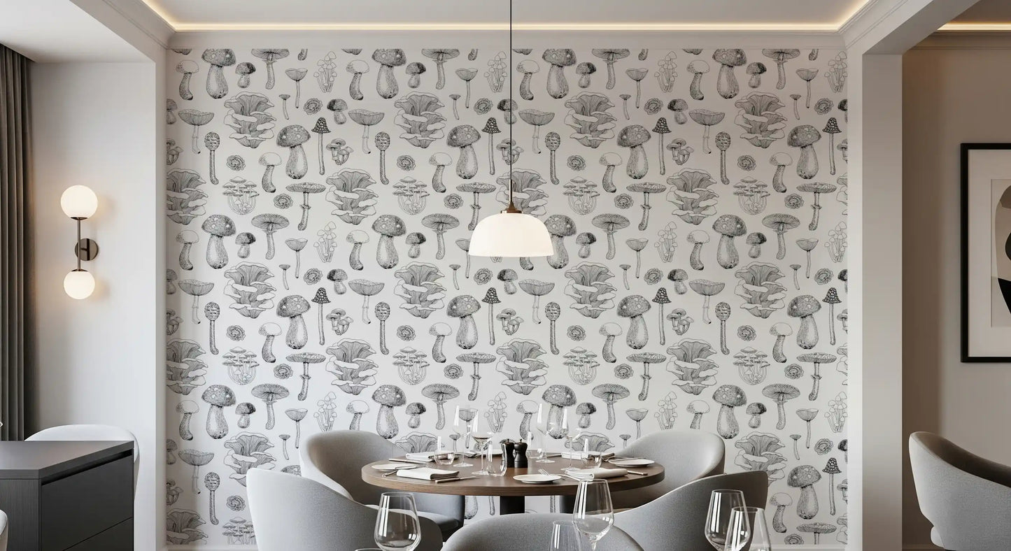 Wild Mushrooms  in black and white Wallpaper⁠
