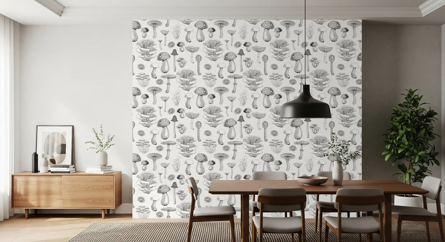 Wild Mushrooms  in black and white Wallpaper⁠