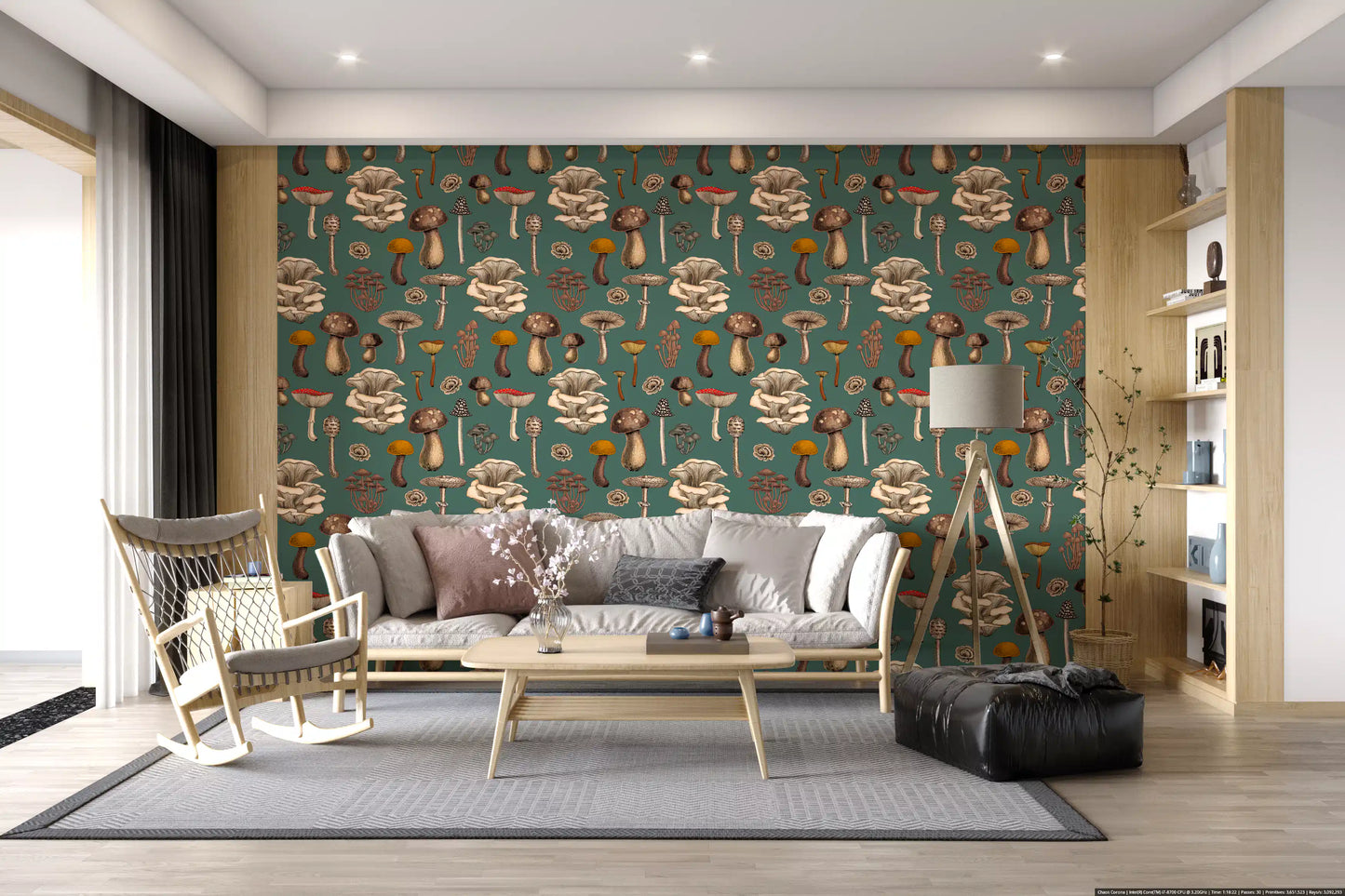 Wild Mushrooms  on pine green Wallpaper⁠