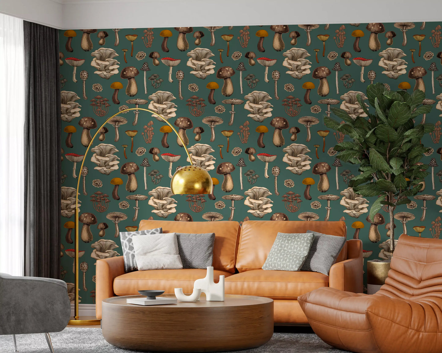 Wild Mushrooms  on pine green Wallpaper⁠