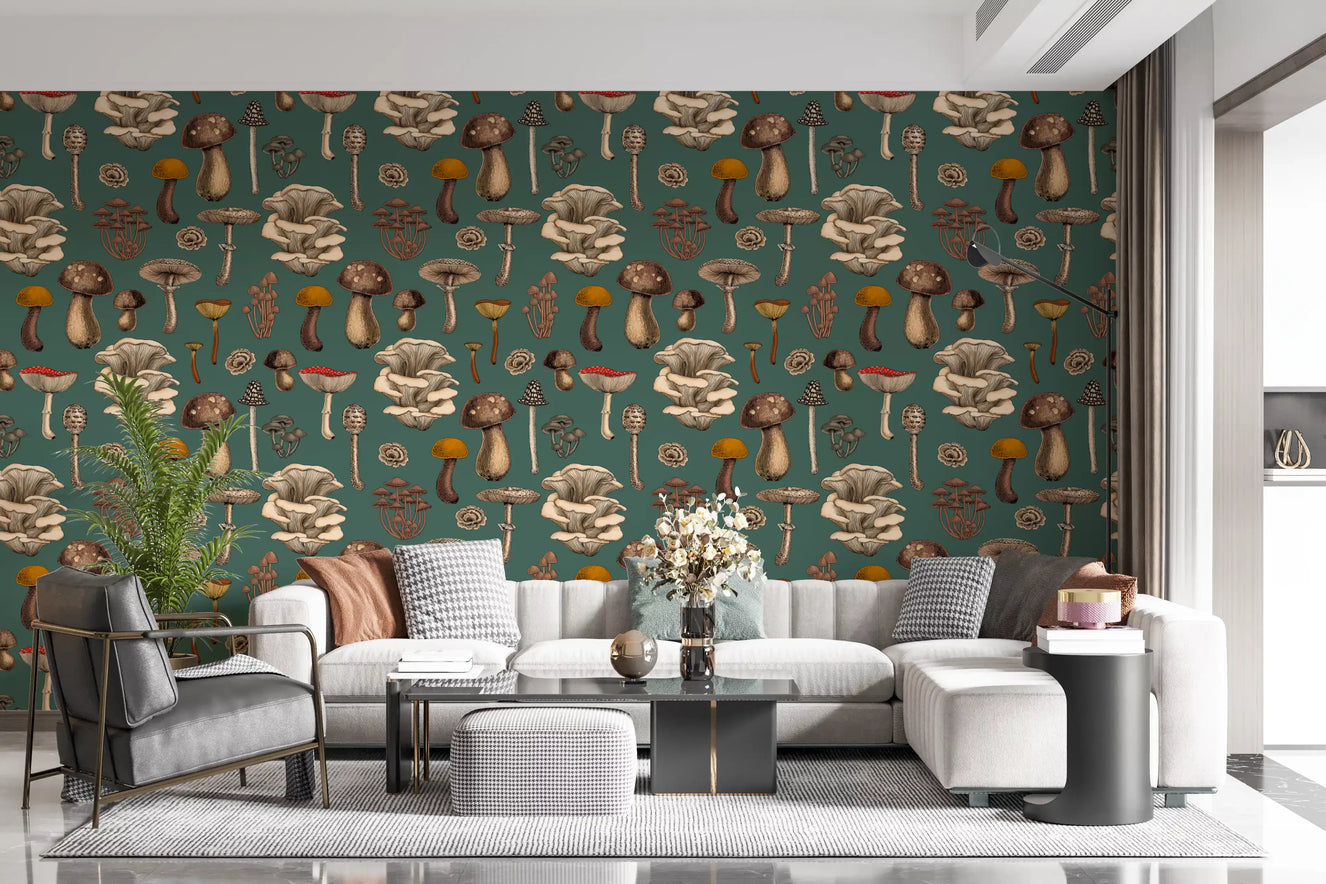 Wild Mushrooms  on pine green Wallpaper⁠