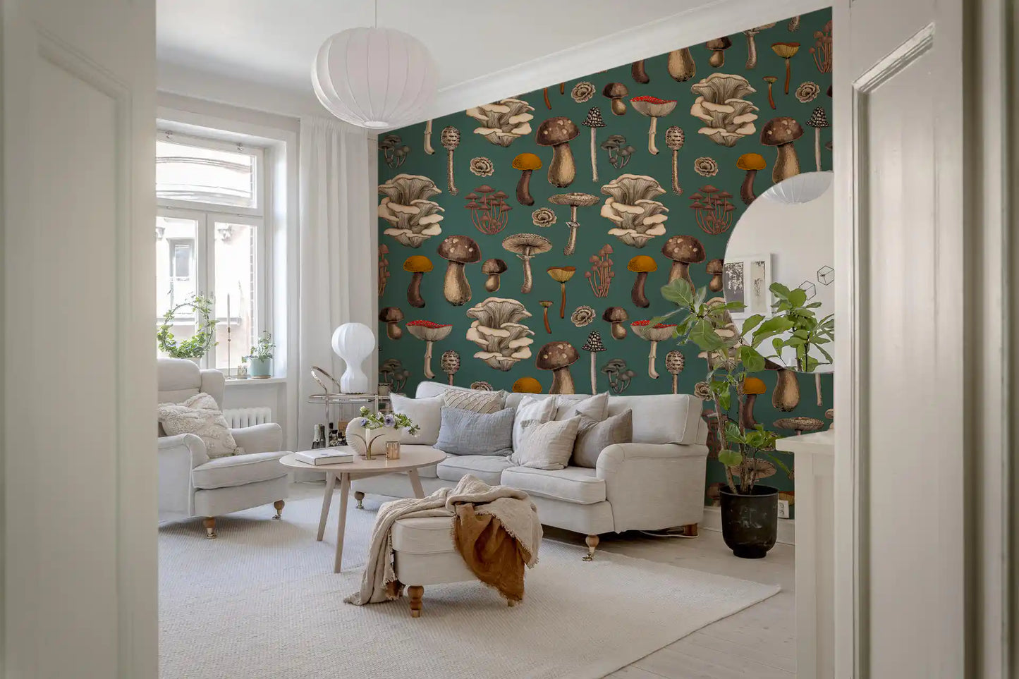 Wild Mushrooms  on pine green Wallpaper⁠