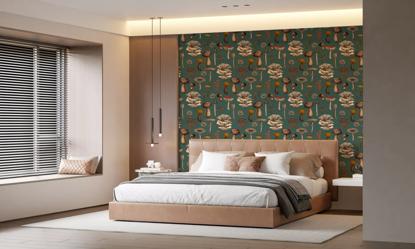 Wild Mushrooms  on pine green Wallpaper⁠