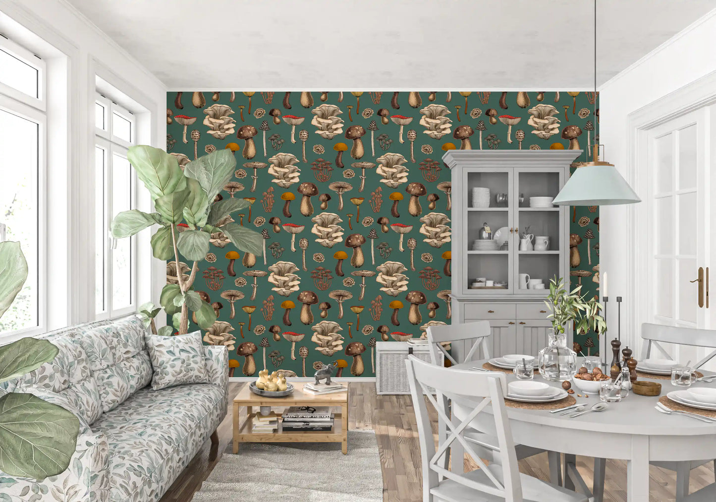 Wild Mushrooms  on pine green Wallpaper⁠