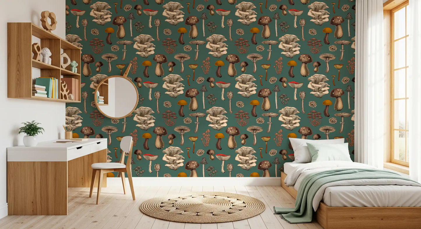 Wild Mushrooms  on pine green Wallpaper⁠