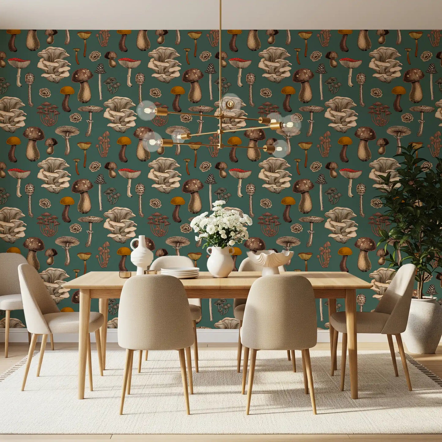 Wild Mushrooms  on pine green Wallpaper⁠