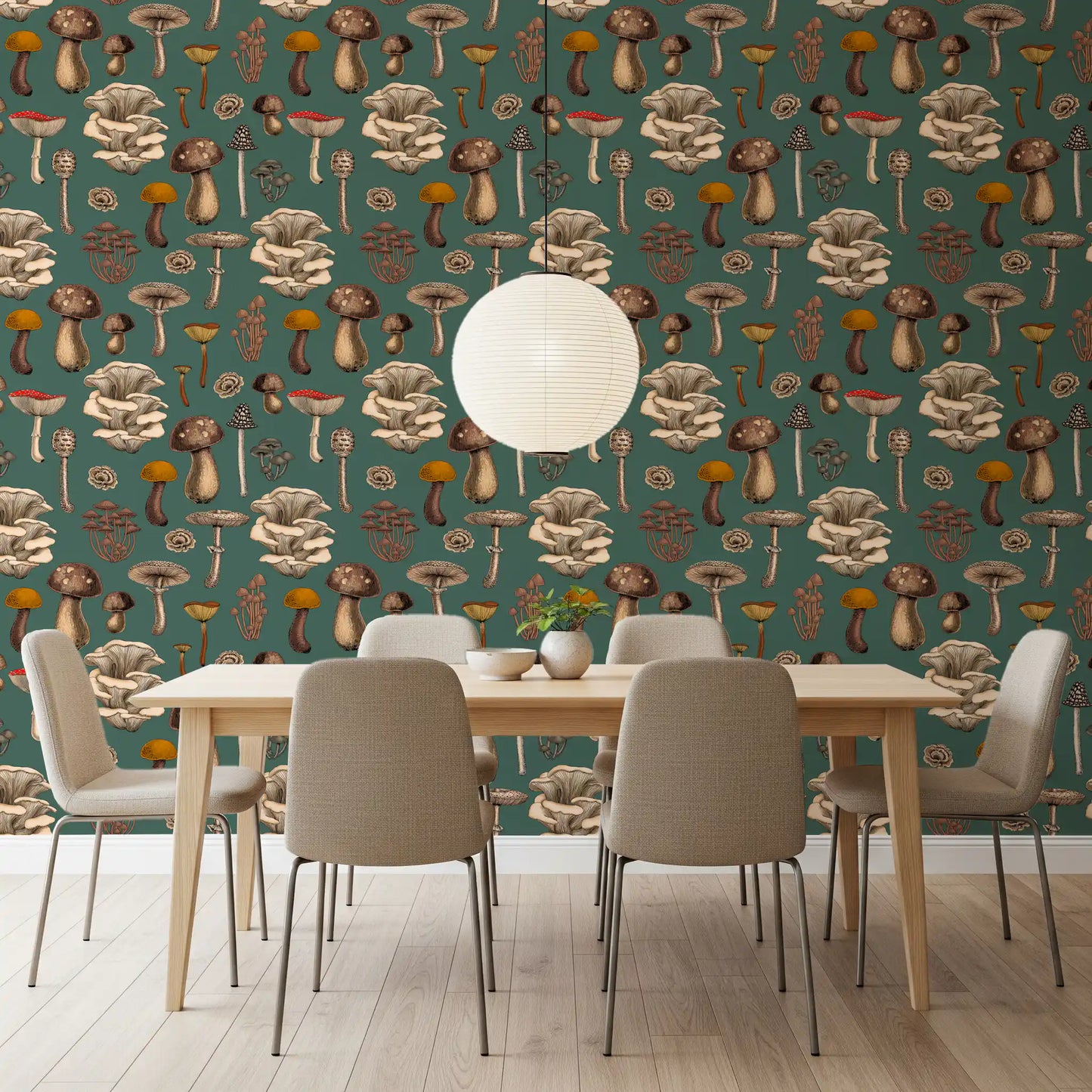 Wild Mushrooms  on pine green Wallpaper⁠