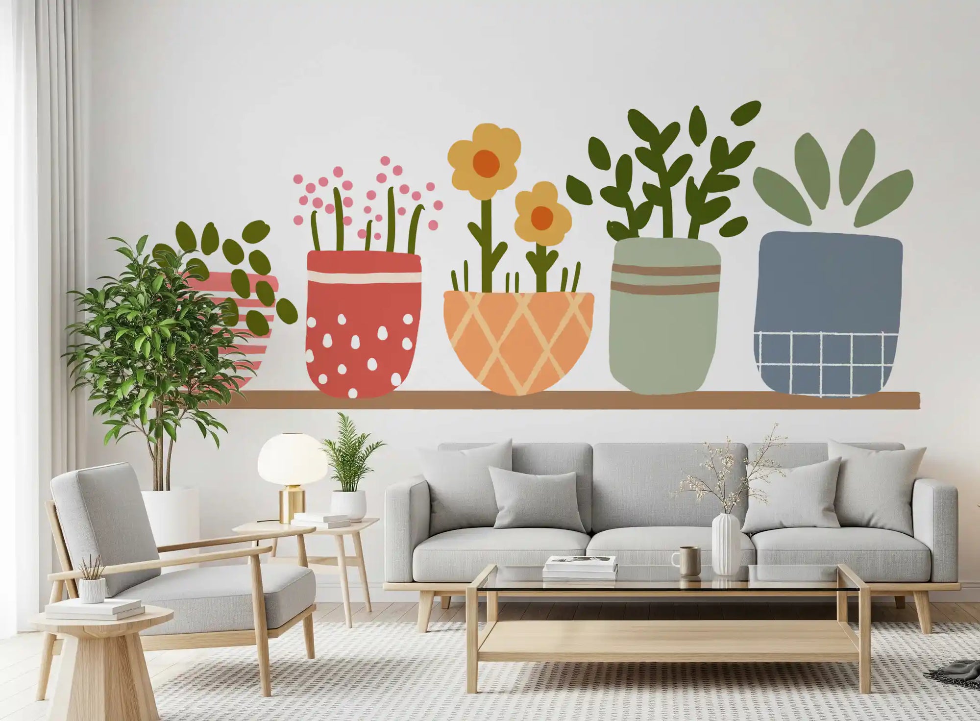 Six pots and leafy plants across this wall mural in a Living room.