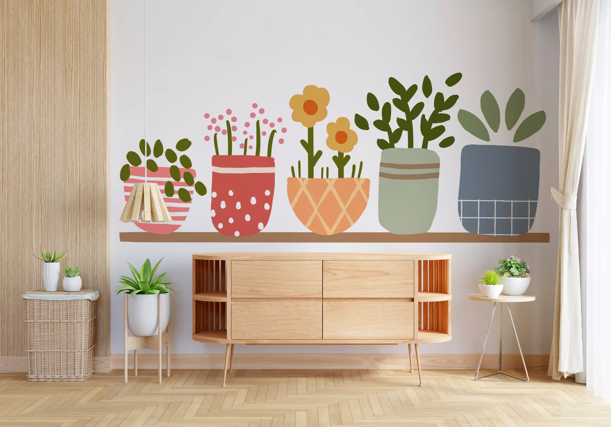 Coral stripes, dot patterns and lattice diamonds fill the Garden Shelves wall mural.