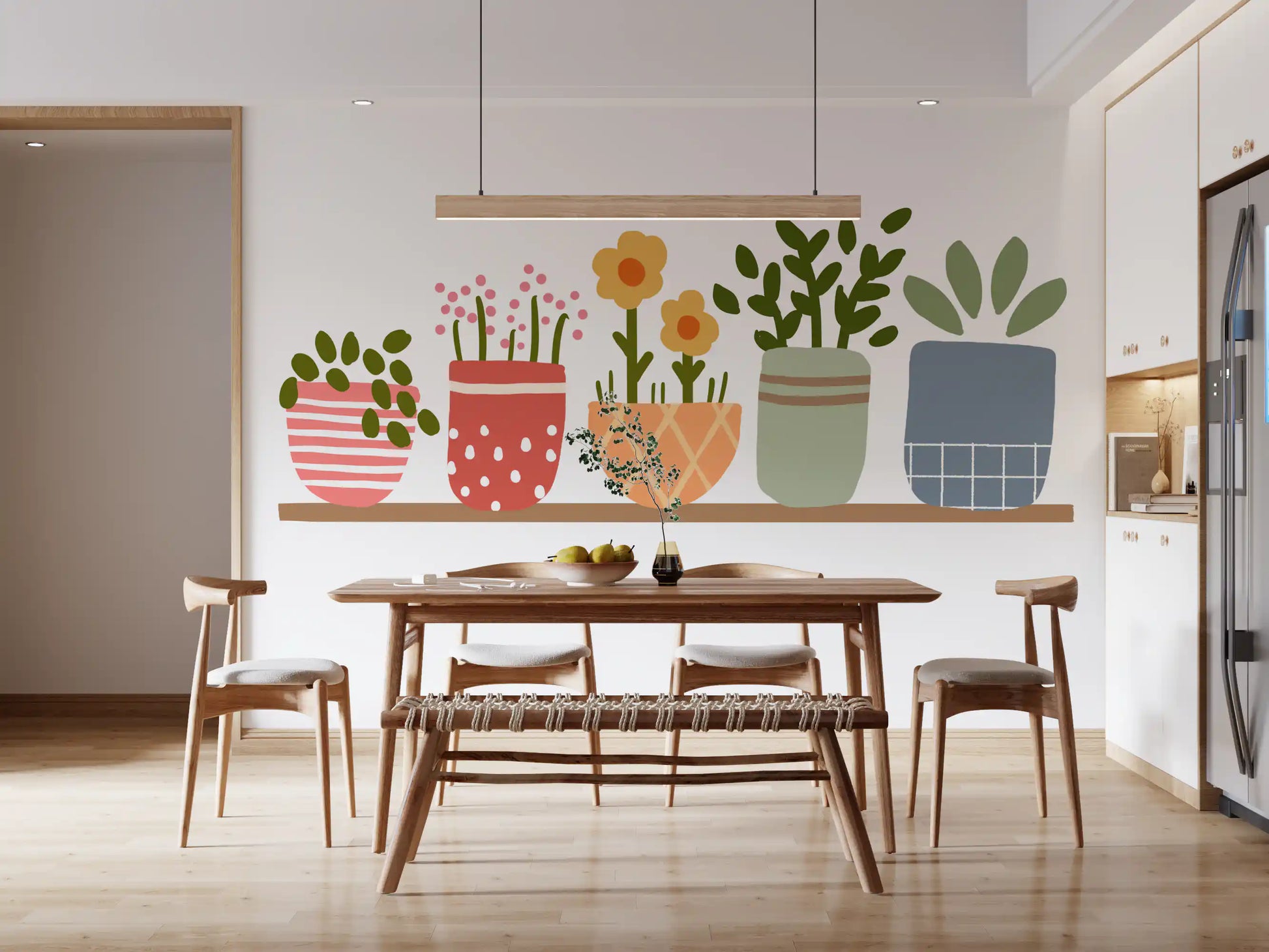 Patterned pots and leafy stems sit across the wall mural in a Dining room 