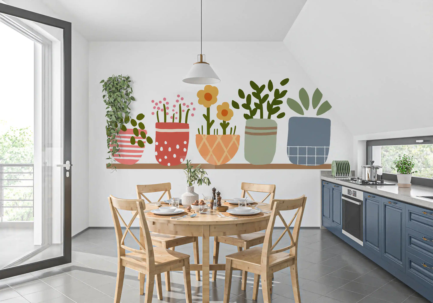 Kitchen and dining  the Garden Shelves wall mural to add coral, sage and slate .
