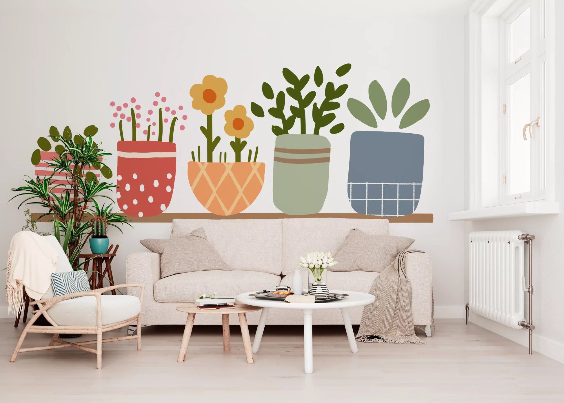 Daisy heads, polka dot pots and grid checks this wall mural with playful charm.