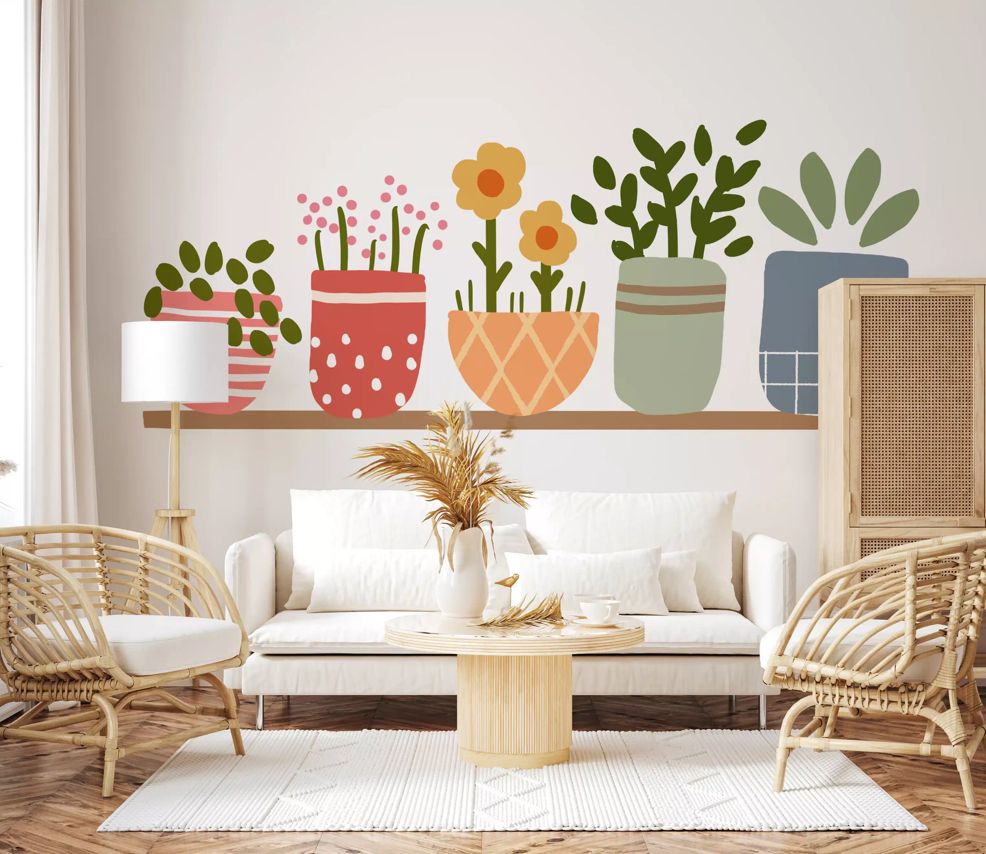 Living room styled with the Garden Shelves wall mural pots in a row.